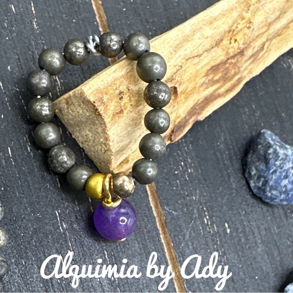 Beaded pyrite charms multi stones ring - Picture 1 of 5